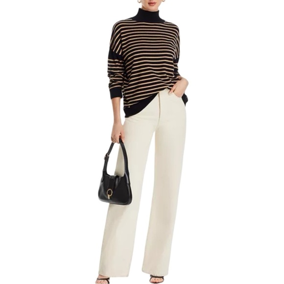 Majestic Filatures Organic Cotton Mock Neck Sweater Size XL Tan Black Stripe - Picture 1 of 14